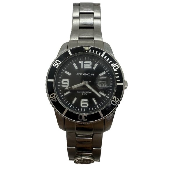 Epoch Quartz Men's Round Watch Silver Tone Bracelet WR 5ATM Black Face Date 40mm - Picture 1 of 8